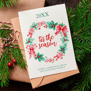Tarjeta Festiva Wreath de Navidades de caña de candy de menta colo
