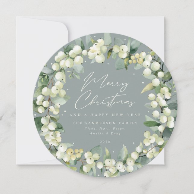 Tarjeta Festiva Wreath de Navidades de Snowberry y Eucalyptus de R (Anverso)