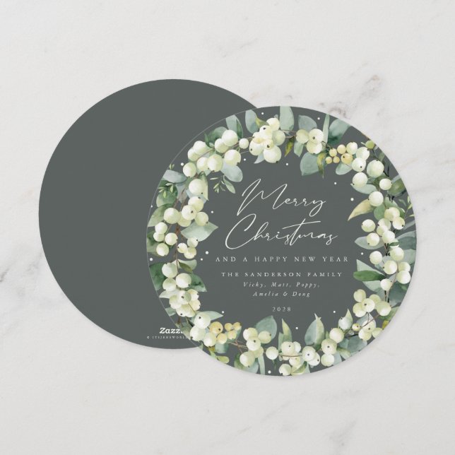 Tarjeta Festiva Wreath de Navidades de Snowberry y Eucalyptus de R (Anverso / Reverso)