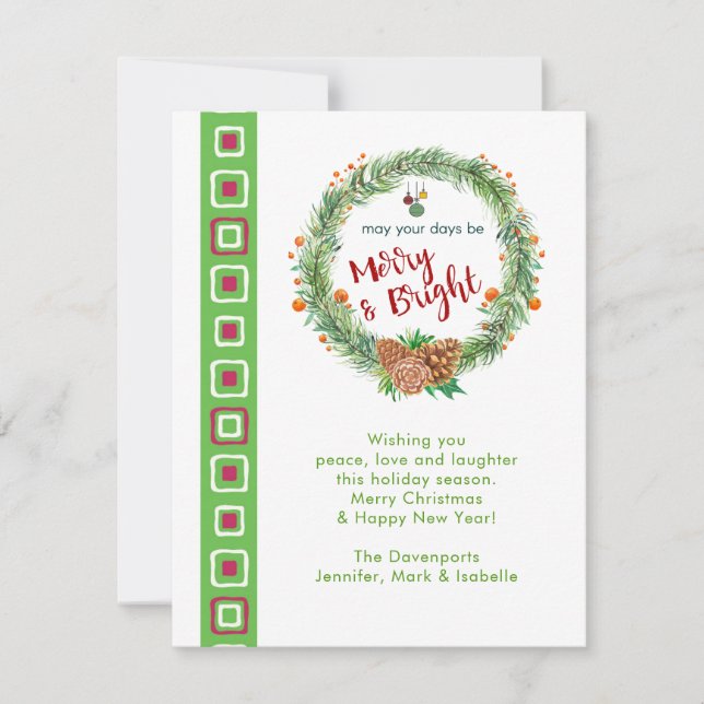 Tarjeta Festiva Wreath de Navidades merry y brillantes (Anverso)