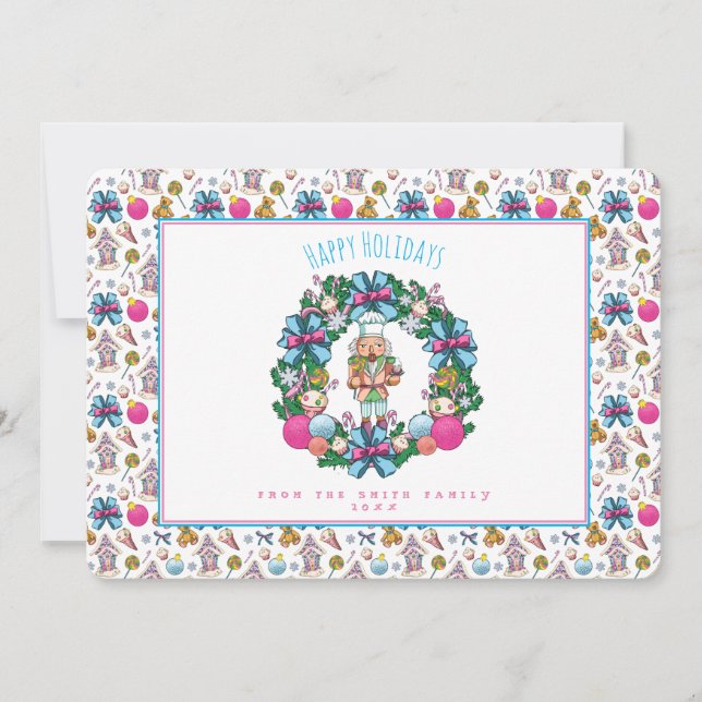Tarjeta Festiva Wreath de pediculocrador de Navidades azules rosad (Anverso)