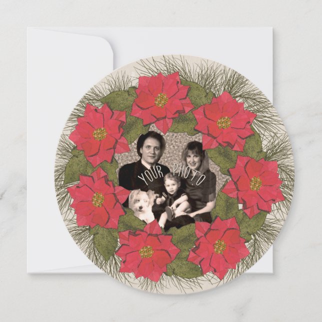 Tarjeta Festiva Wreath de poinsettia acuarela con tu foto (Anverso)