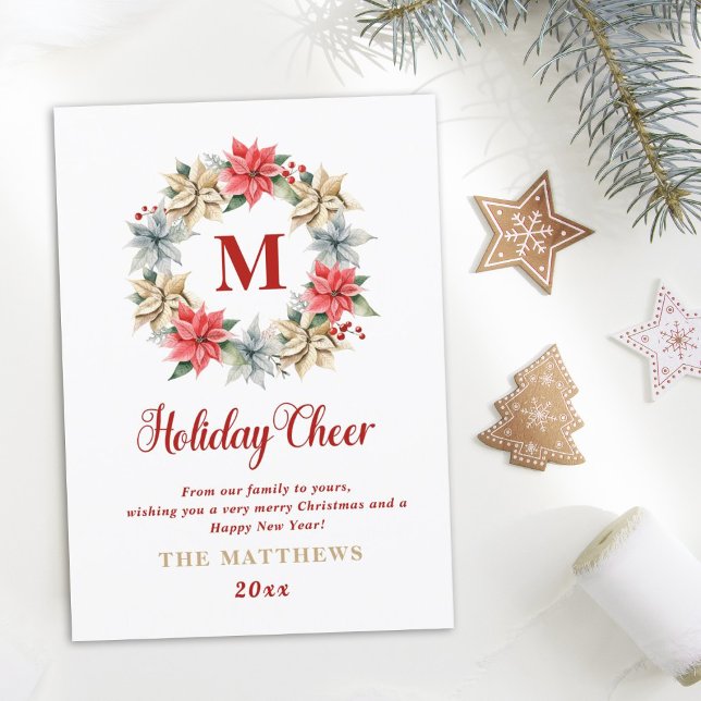 Tarjeta Festiva Wreath de Poinsettia de granja con carta monograma (Subido por el creador)