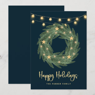 Tarjeta Festiva Wreath de vacaciones con luces de cuerda de oro en