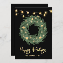 Tarjeta Festiva Wreath de vacaciones con luces de cuerda de oro en