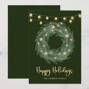 Tarjeta Festiva Wreath de vacaciones con luces de cuerda de oro en