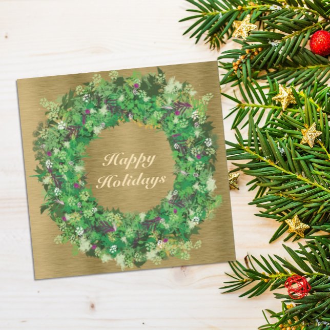 Tarjeta Festiva Wreath de vacaciones verdes y doradas (Subido por el creador)