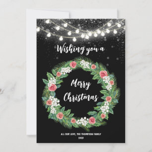 Tarjeta Festiva Wreath elegante con Navidades de String Lights