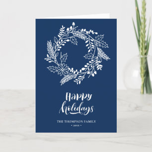 Tarjeta Festiva Wreath floral natural Poinsettia Pine Bough Blue