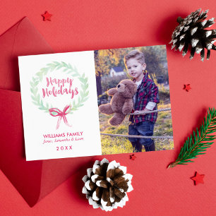 Tarjeta Festiva Wreath Holidays de color verde y rojo