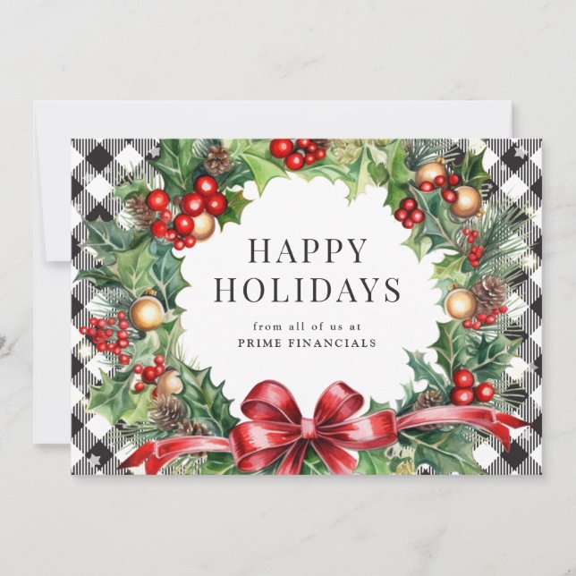 Tarjeta Festiva Wreath Holly Berries Black Plaid Business (Anverso)