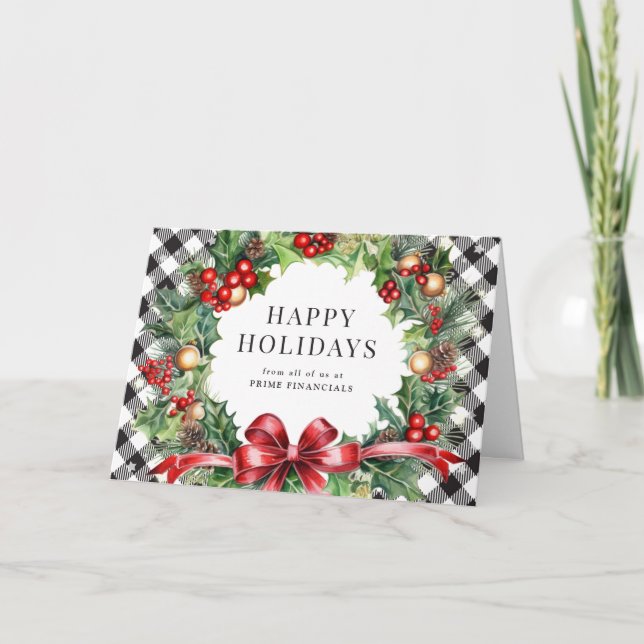 Tarjeta Festiva Wreath Holly Berries Black Plaid Business (Anverso)