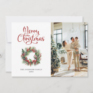 Tarjeta Festiva Wreath Holly Berries Foto de Merry Christmas Card