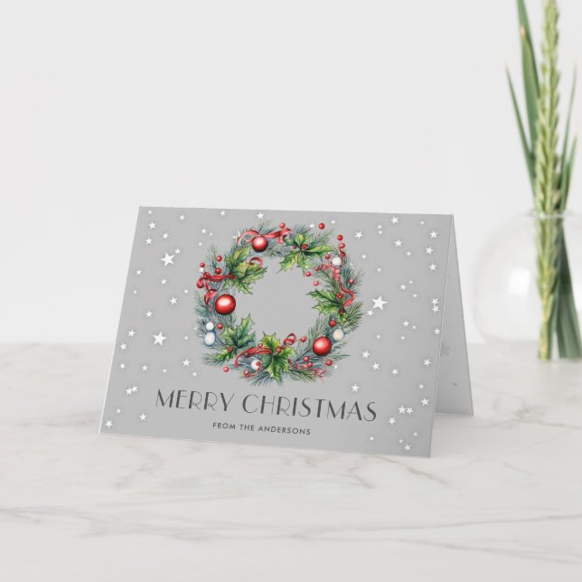 Tarjeta Festiva Wreath Holly Berries Ornaments Stars Navidades (Anverso)
