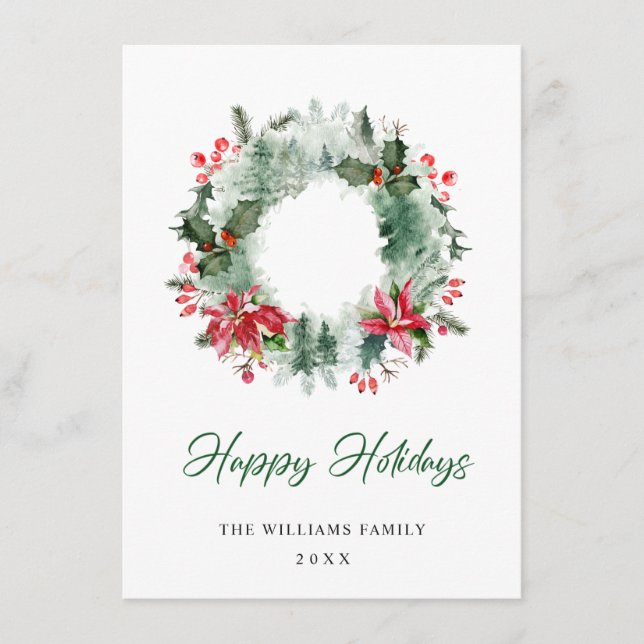 Tarjeta Festiva Wreath Holly Berry Pine Forest Navidades (Anverso)