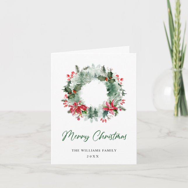 Tarjeta Festiva Wreath Holly Berry Pine Forest Navidades (Anverso)