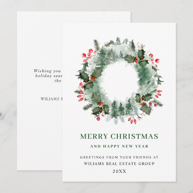 Tarjeta Festiva Wreath Holly Berry Pine Forest Navidades (Anverso / Reverso)