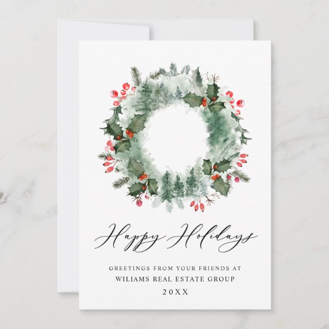 Tarjeta Festiva Wreath Holly Berry Pine Forest Navidades (Anverso)