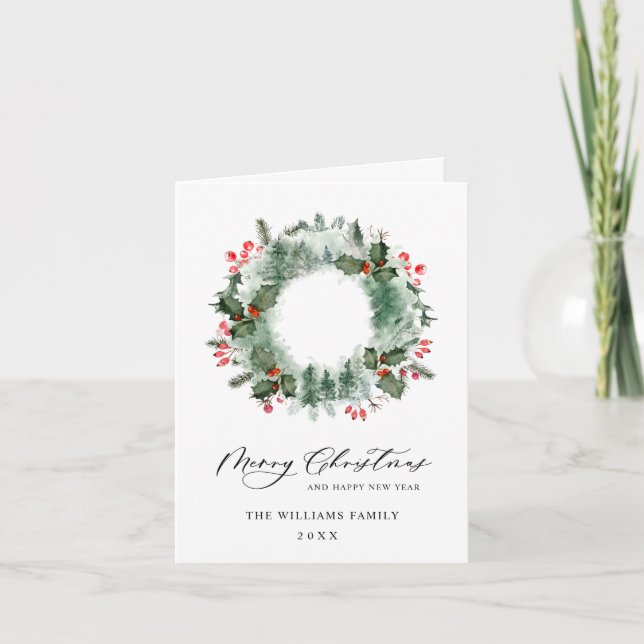 Tarjeta Festiva Wreath Holly Berry Pine Forest Navidades (Anverso)