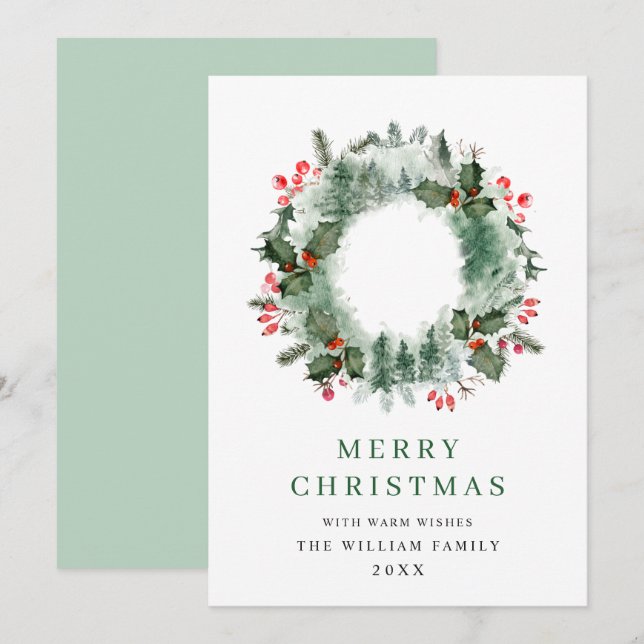 Tarjeta Festiva Wreath Holly Berry Pine Forest Navidades (Anverso / Reverso)