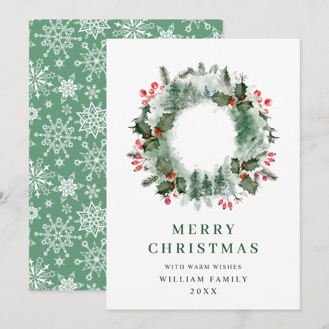 Tarjeta Festiva Wreath Holly Berry Pine Forest Navidades (Anverso / Reverso)