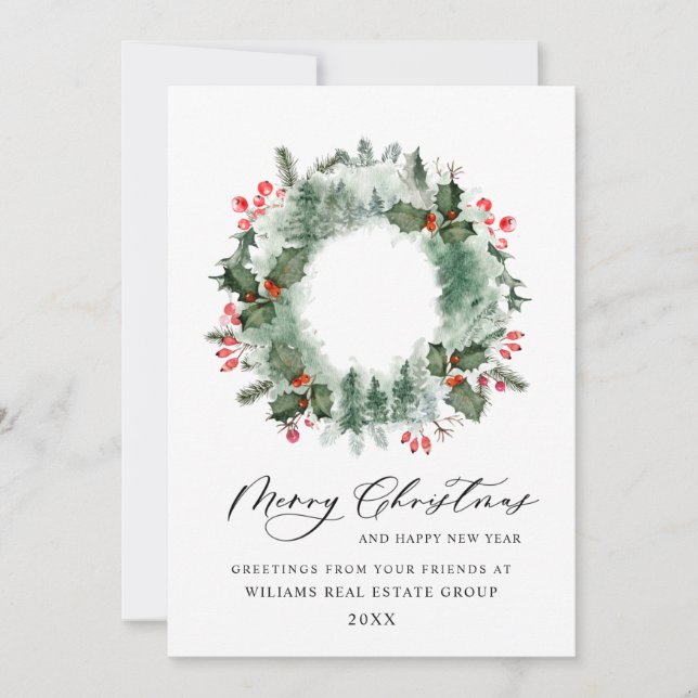 Tarjeta Festiva Wreath Holly Berry Pine Forest Navidades (Anverso)