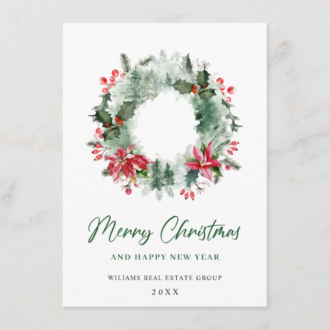 Tarjeta Festiva Wreath Holly Berry Pine Forest Navidades (Anverso)