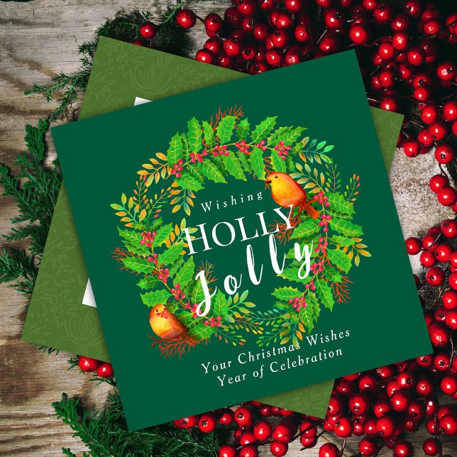 Tarjeta Festiva Wreath Holly Jolly Family Green (Wreath Holly Jolly with Robin Birds Design.)
