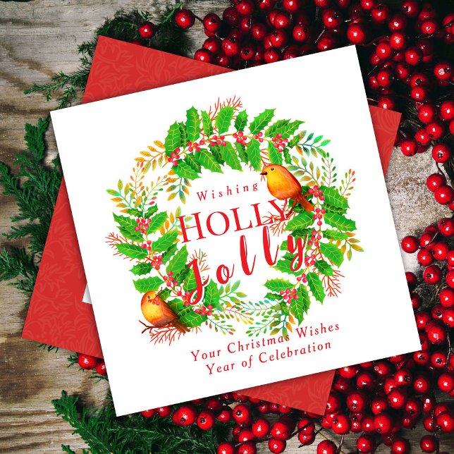 Tarjeta Festiva Wreath Holly Jolly Family White (Wreath Holly Jolly with Robin Birds Design.)
