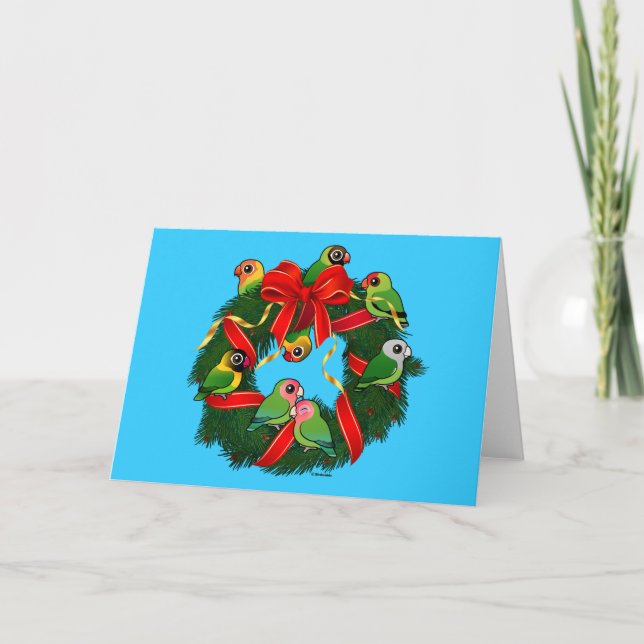 Tarjeta Festiva Wreath, Navidades Birdorable de Lovebirds (Anverso)