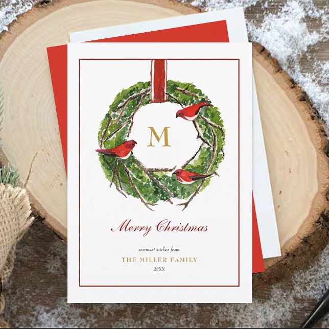 Tarjeta Festiva Wreath Navidades de color de agua monogramada (Subido por el creador)