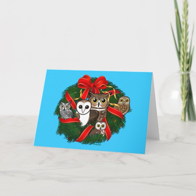 Tarjeta Festiva Wreath, Navidades de lechuzas Birdorables (Anverso)