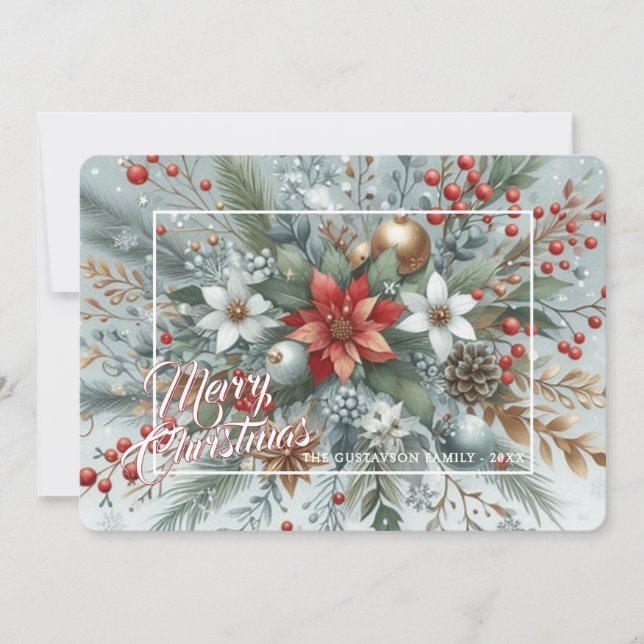 Tarjeta Festiva Wreath navideña de vacaciones Red Floral de moda e (Anverso)