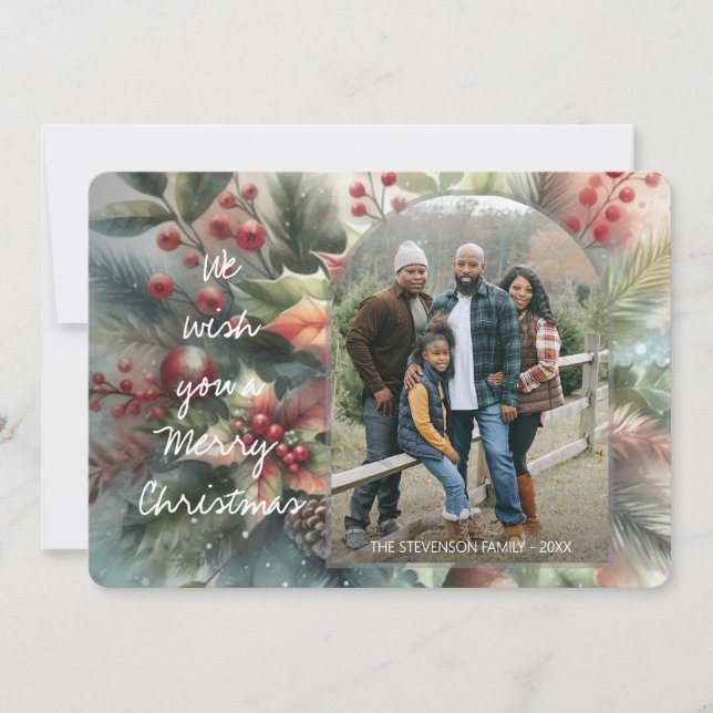 Tarjeta Festiva Wreath navideña de vacaciones Red Floral de moda e (Anverso)