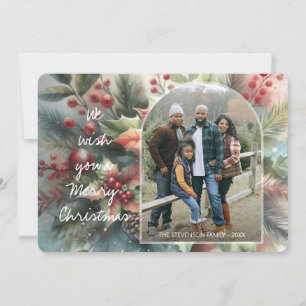 Tarjeta Festiva Wreath navideña de vacaciones Red Floral de moda e