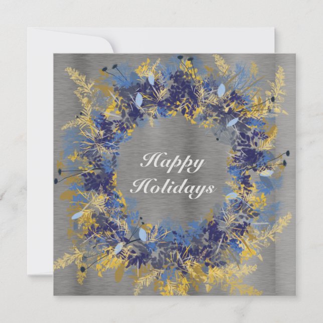 Tarjeta Festiva Wreath pintada de azul y oro (Anverso)