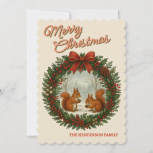 Tarjeta Festiva Wreath Retro Personalizado Con Ardillas Cutas