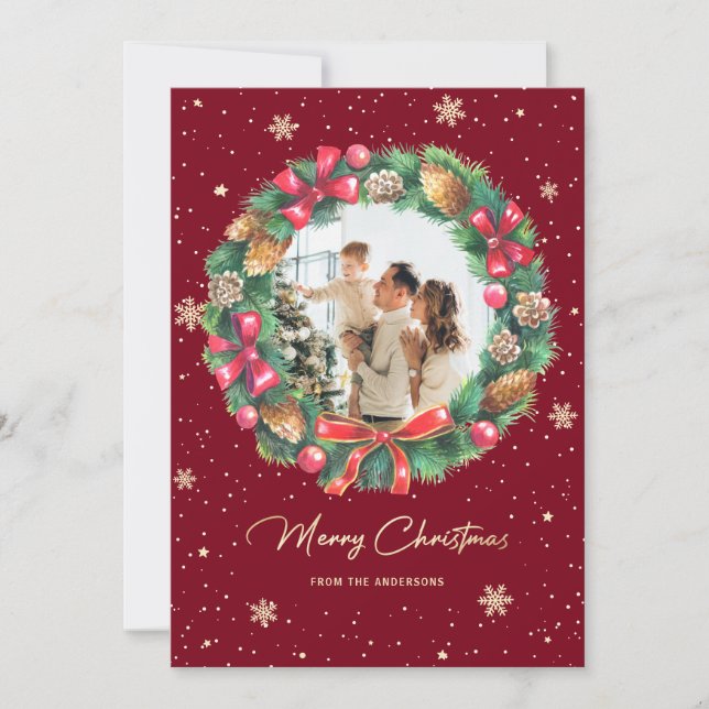 Tarjeta Festiva Wreath Snowy Gold Red Photo Navidades (Anverso)