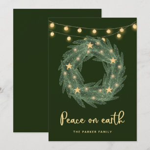 Tarjeta Festiva Wreath verde con luces de cadena dorada en verde