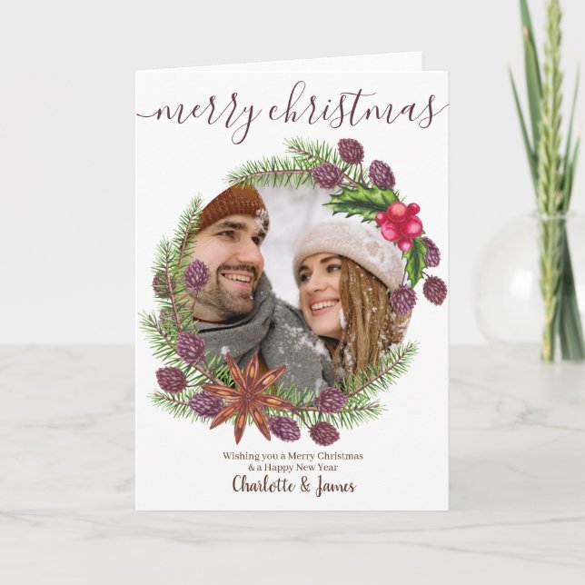 Tarjeta Festiva Wreath y Holly, Navidades de fotografía personaliz (Anverso)