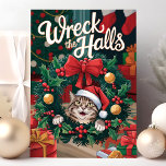 Tarjeta Festiva Wreck the Halls Funny Cat Navidades Card<br><div class="desc">Añade algo de humor a la temporada de vacaciones con esta juguetona tarjeta de Navidades "Wreck the Halls"! Con un gatito adorable vestido con un sombrero de Papá Noel y mirando a través de una corona festiva, esta tarjeta es perfecta para los amantes del gato que se identifican con las...</div>