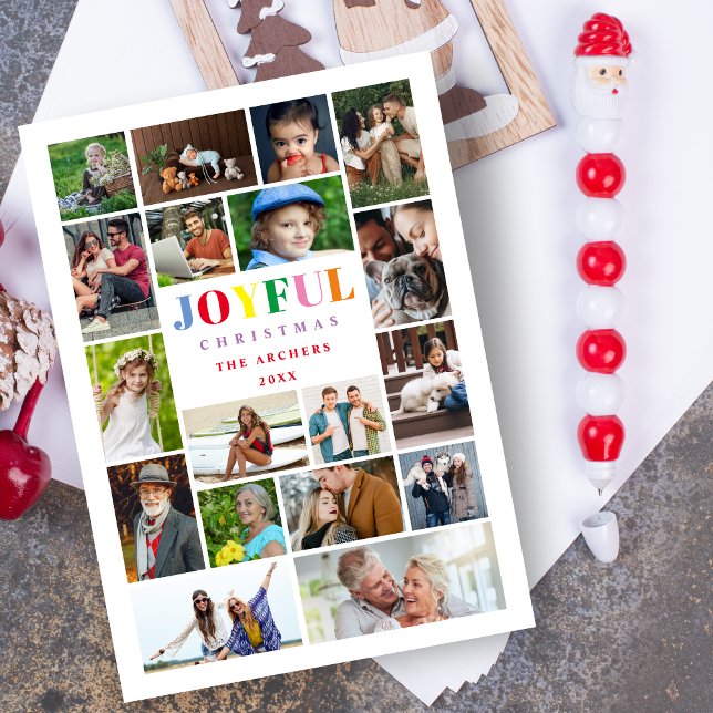 Tarjeta Festiva Xmas Colorful Brightest 18 Multi Photo Collage (Christmas Colorful Brightest 18 Multi Photo Family Collage Holiday Card with Envelope.)
