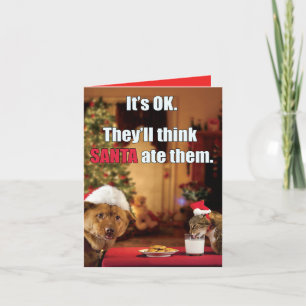 Tarjeta Festiva Xmas Gracioso gato y perro - Piensa en Santa Ate