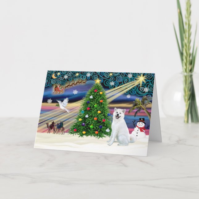 Tarjeta Festiva Xmas Magic-Akita White1 (Anverso)