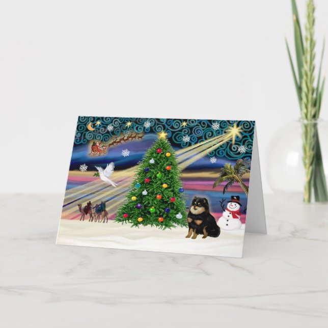 Tarjeta Festiva Xmas Magic - Pomeranian Black-Tan (Anverso)