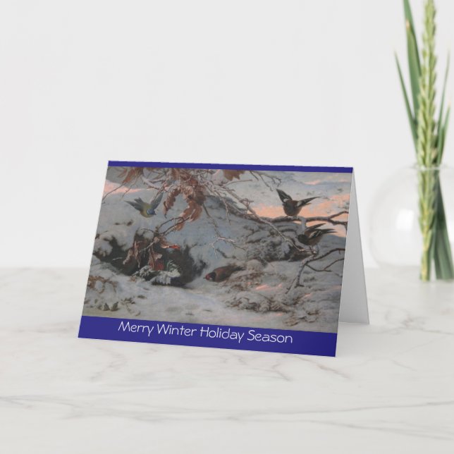 Tarjeta Festiva Xmas paisaje de invierno con aves Saludo de Año Nu (Anverso)