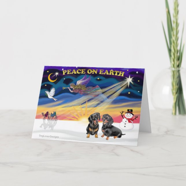 Tarjeta Festiva XmasSunrise-2 Dachshunds negros (Anverso)