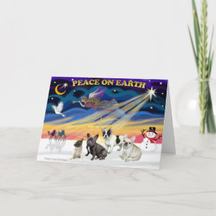 Tarjeta Festiva XmasSunrise-Cuatro Bulldogs franceses