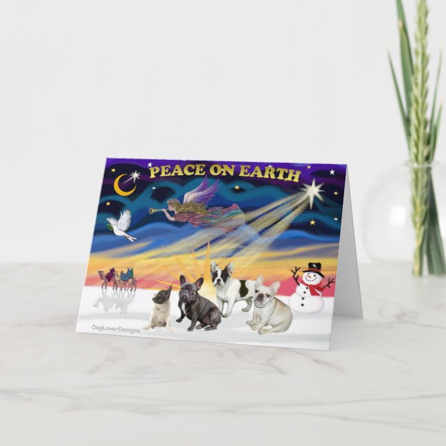 Tarjeta Festiva XmasSunrise-Cuatro Bulldogs franceses (Anverso)