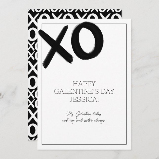 Tarjeta Festiva XOXO Negro y Blanco Nombre de la mejor amiga Día d (Anverso / Reverso)